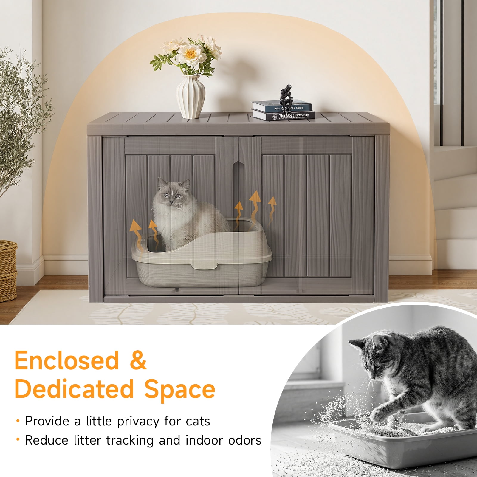 Dovov Oversized Hidden Cat Litter Box Enclosure Furniture, Multi-Functional Cat Washroom Bench with Removable Divider, Large Litter Box Storage Cabinet, Brown