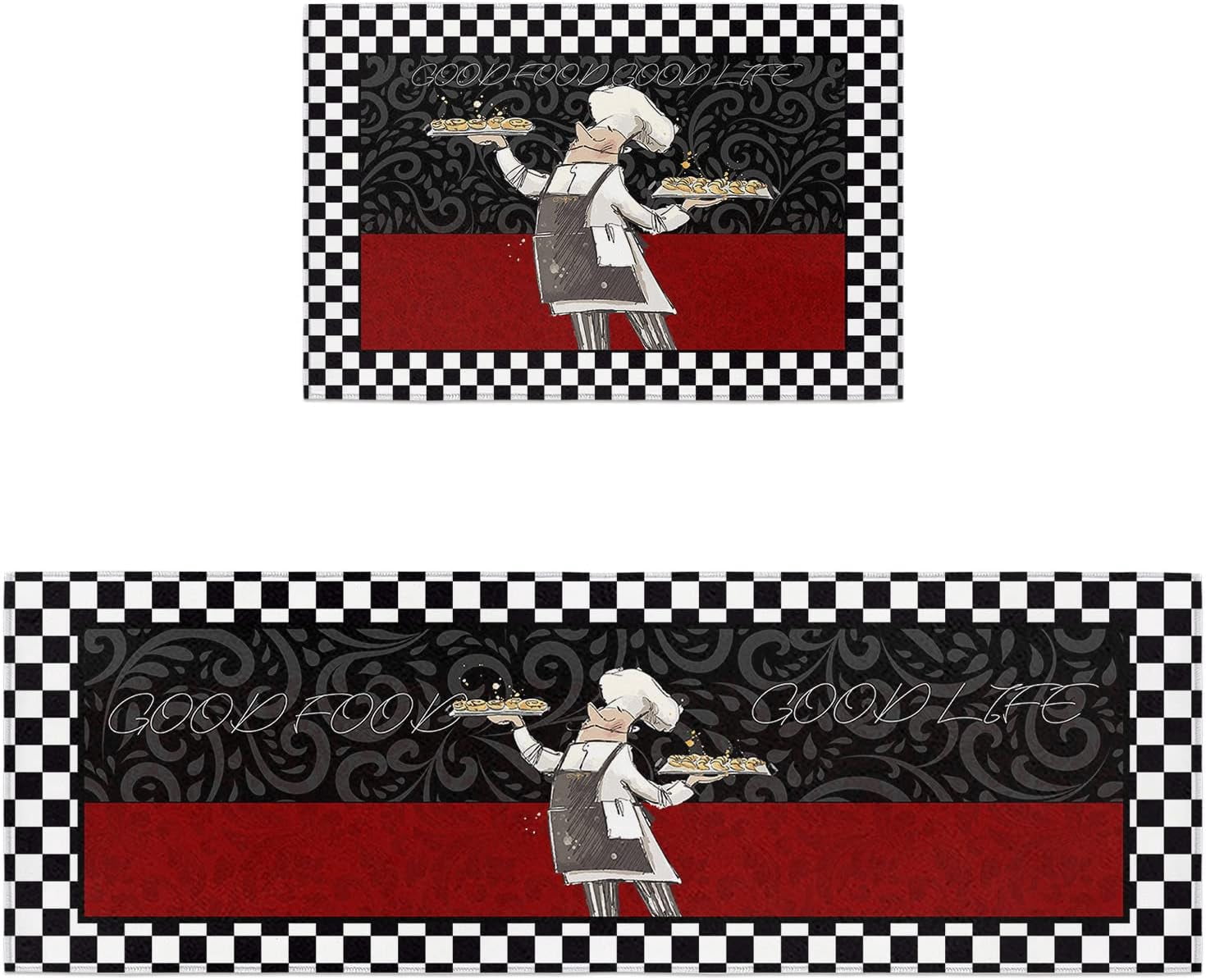 Chef Kitchen Floor Mat Set of 2, Funny Cartoon Figure with Food Buffalo Checker Rugs Water Absorbent Comfort Runner Rugs and Mats for Bedroom/Bathroom Entry Way Decor Chic Texture Burgundy Red Black