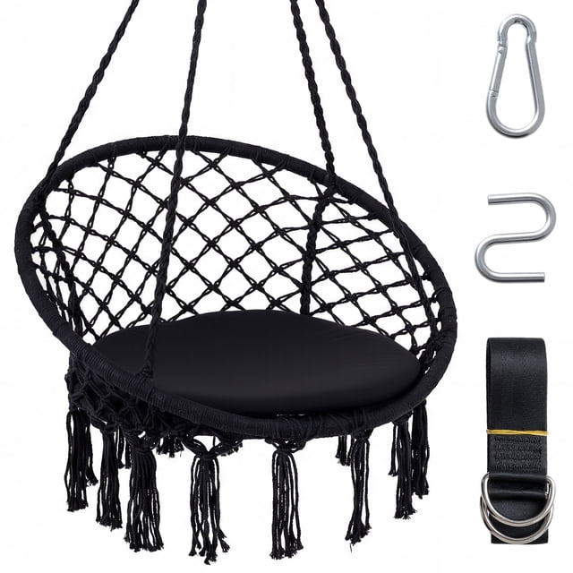Costway Chaise Balançoire, Chaise Hamac avec Coussin de Siège Rond, Chaise Bohème Intérieure et Extérieure Noire