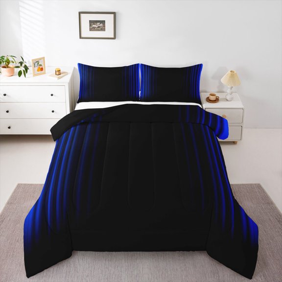 Geometric Abstract Ombre Comforter Set Teens Dark Blue and Black Striped Bedding Bed Set Decor Modern Fashion Comforter Inner Fill Bedroom Collection 3Pcs Full Size