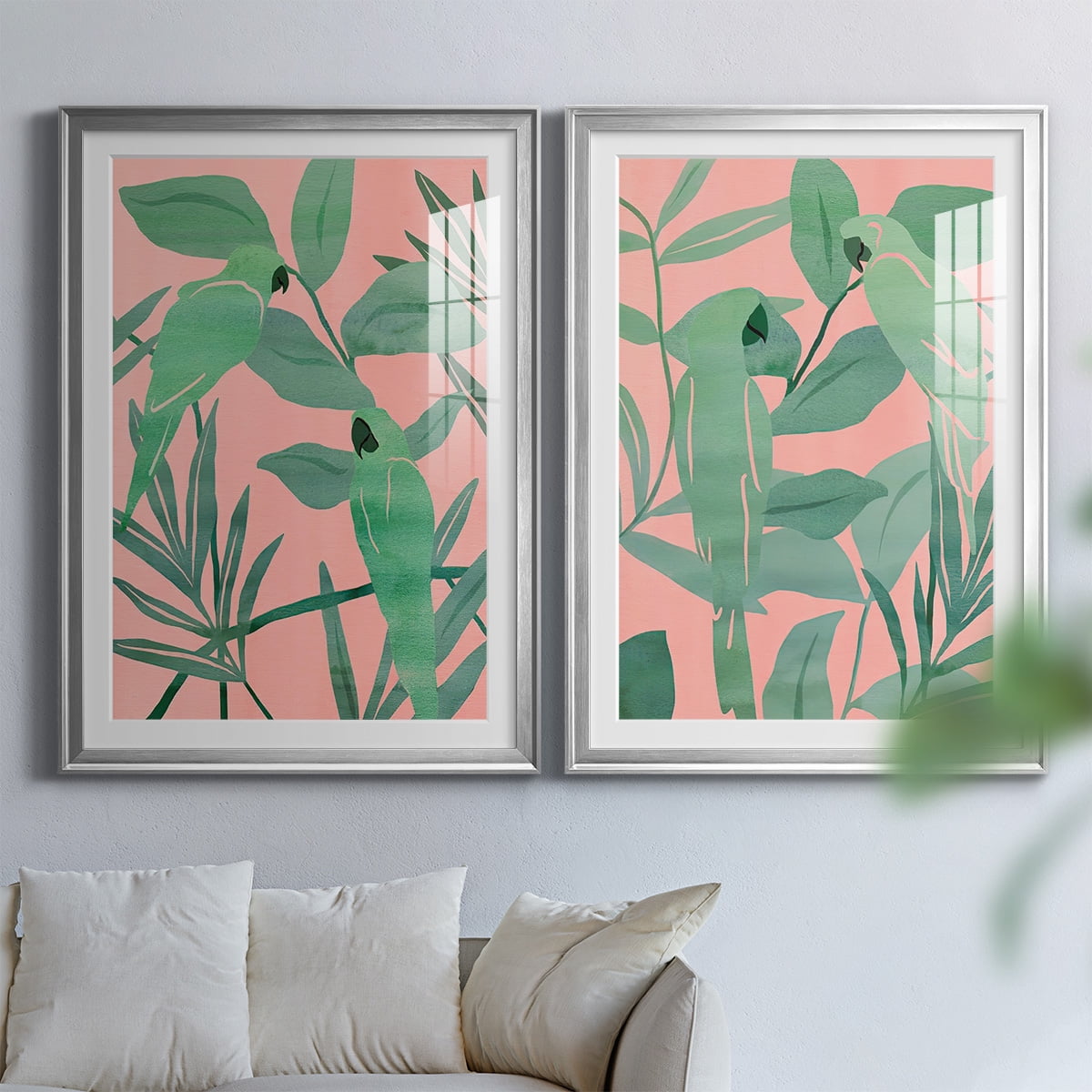 Wexford Home Pink and Green Birds of Paradise I Premium Framed Print, 26.5" x 36.5" - Ready to Hang, Silver (Set of 2)