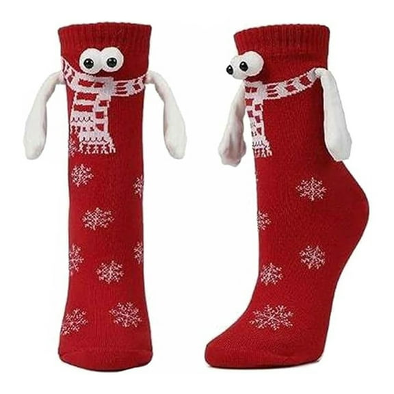 1 Pair Christmas Plush Crew Socks, Magnetic Holding Hands Socks, Funny Big-Eye Plush Socks with Snowflake Print for Adult Teen (Red)
