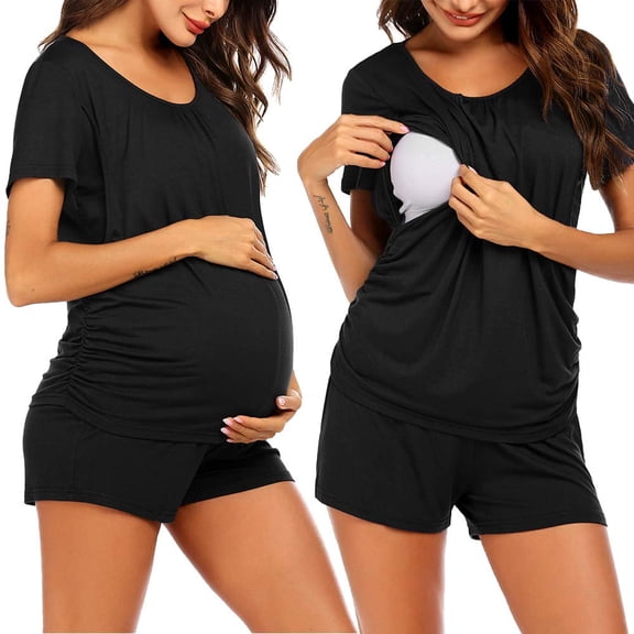 KISSGAL Women Maternity Nursing Pajama Set Breastfeeding Sleepwear Set Double Layer Short Sleeve Top and Shorts Set Pregnancy Pjs Set
