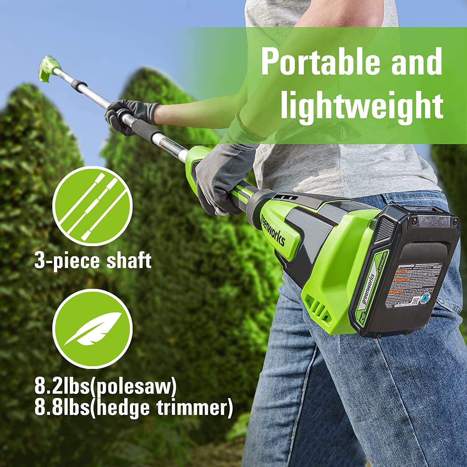 Greenworks 24V 8” Polesaw / Pole Hedge Trimmer Combo, 2.0Ah Battery and Charger