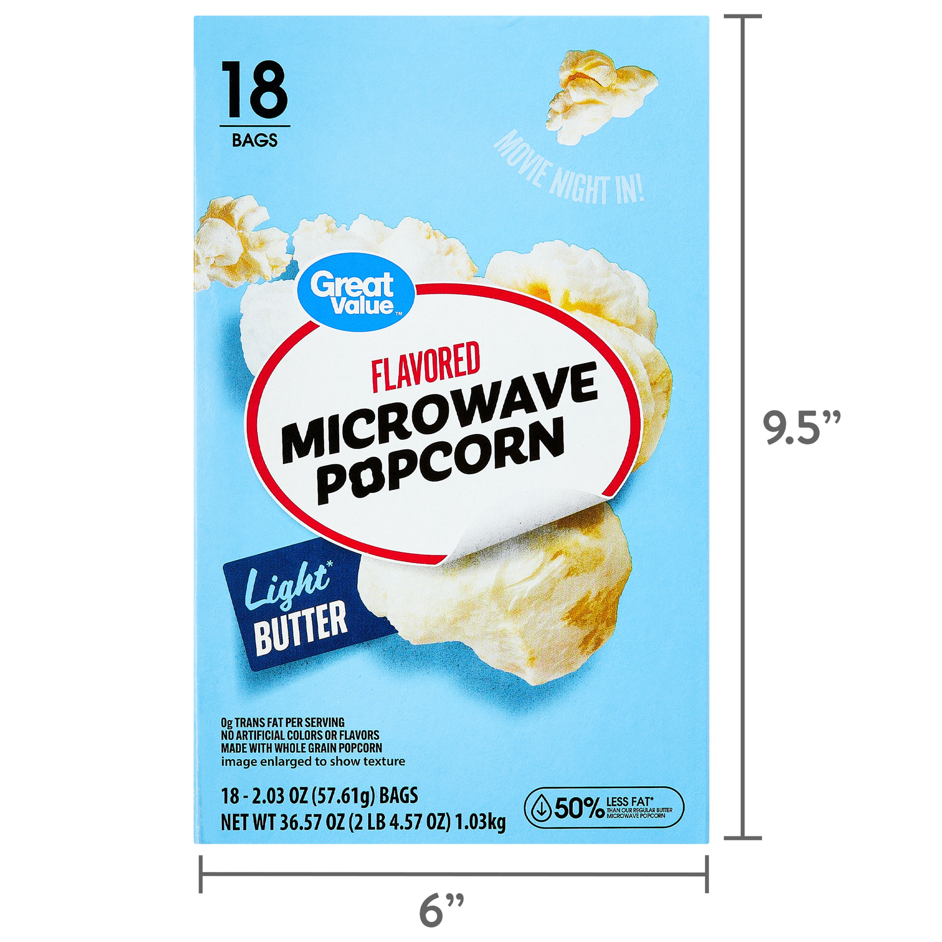 (4 pack) Great Value Light Butter Flavored Microwave Popcorn, 2.03 oz, 18 Count