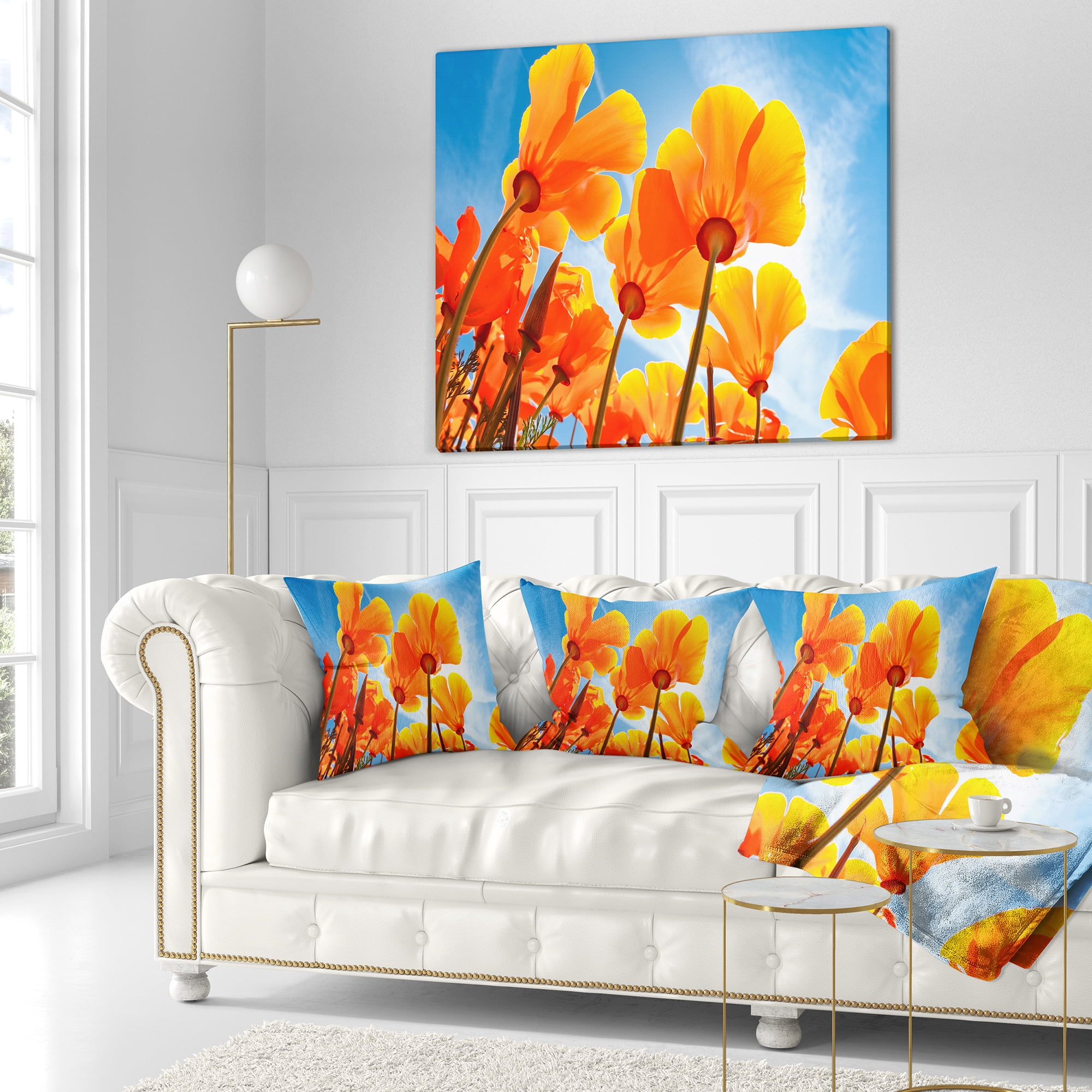 Designart Yellow Spring Flowers on Blue - Floral Throw Pillow - 18x18