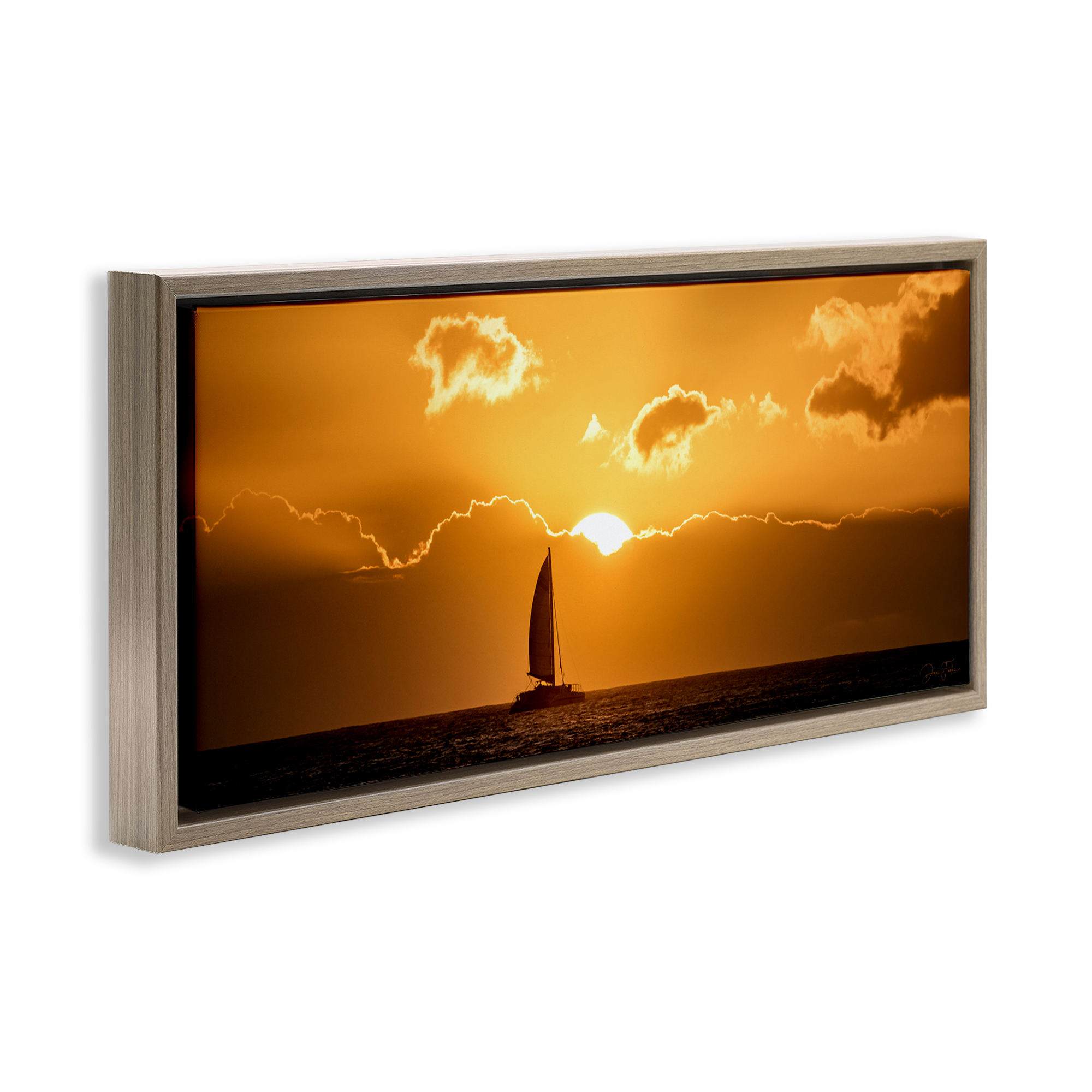 Stupell Industries Tranquil Sunset Sailboat Transportation Photography Brown Floater Framed Canvas Art Print Wall Art, 25 x 11