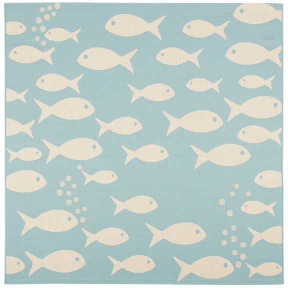 SAFAVIEH Courtyard Trena Fishes Indoor/Outdoor Area Rug, Aqua/Beige, 6'7" x 6'7" Square