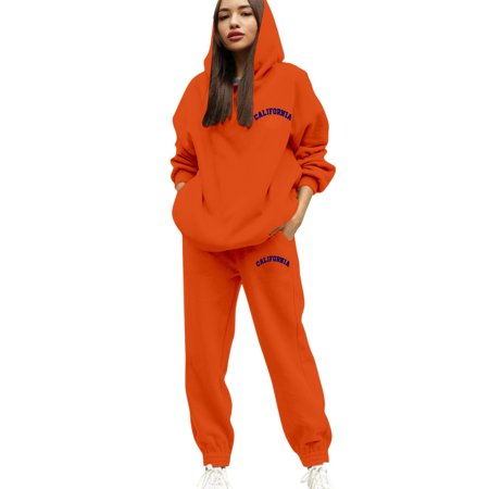 sususu Matching Sets Women Clothing Fall Outfits Women s Casual Hooded Tracksuit Set Printed Lettering Drawstring Jogger Pants Comfortable Athletic Wear Outfit For Daily Life - Orange