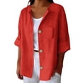 thumbnail image 3 of Summer Tops for Women Gsakboxl Women Cotton Linen Half Sleeve Cardigan Plus Size Loose Fit Casual Shirt With Chest Pocket Soft Breathable Spring Summer Daily Outerwear Blouses for Women Dressy Casual, 3 of 7