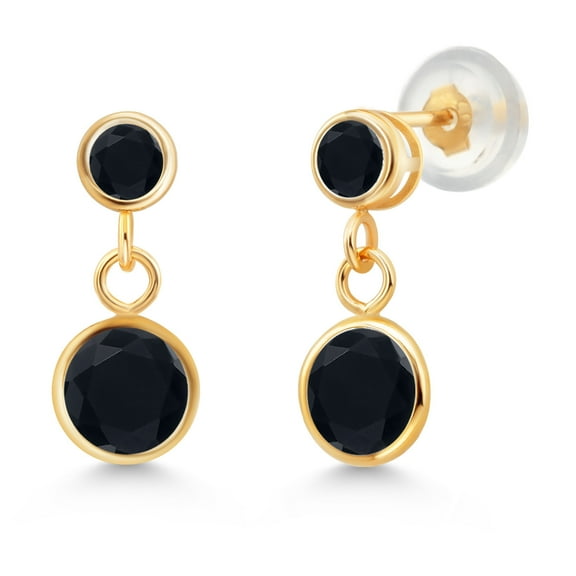 Gem Stone King 14k Yellow Gold Black Onyx and Black Onyx Two Stone Dangling Stud Earrings for Women (1.80 Cttw, Gemstone December Birthstone, Round 6MM, Round 3MM)