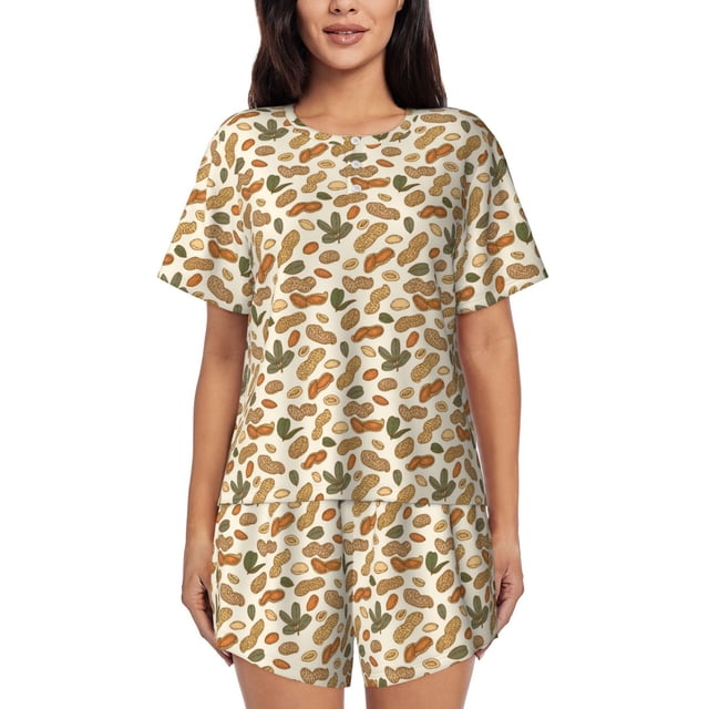 Fotbe Set With Peanut Conjunto de Pijama Estampado para Mujer, 2 Piezas, Ropa de Dormir con Camiseta de Manga Corta y Shorts Suaves-Medium