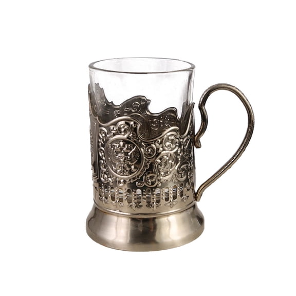 Combination of 2 Russian Cut Crystal Drinking Tea Glasses with Metal Glass Holders Podstakannik for Hot or Cold Liquids