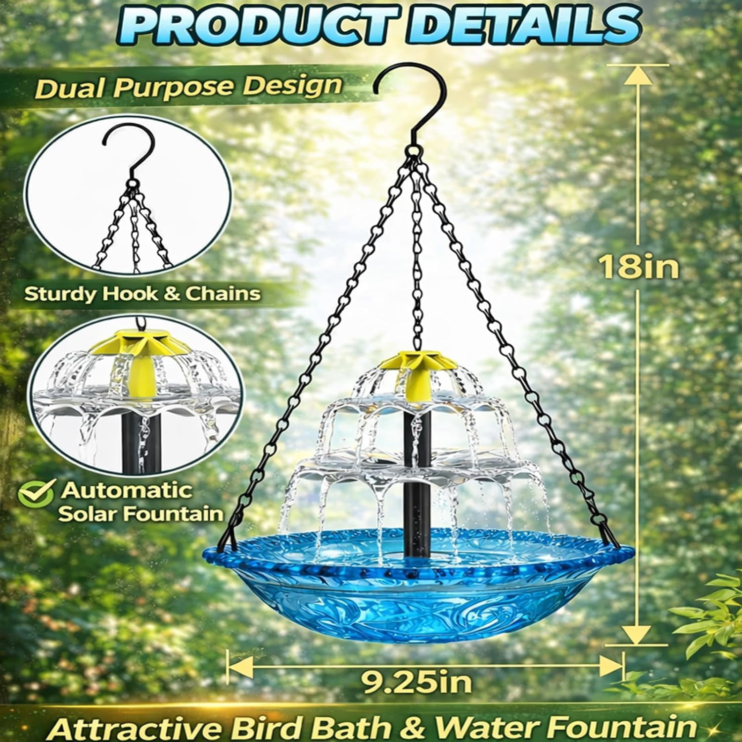 Solar Cascade Hanging Bird Bath Fountain,Hanging Solar-Powered Bird Bath Fountain Pump and Distributor,Outdoor Decorative Bird Bath and Shower Set,Suitable for Outdoor use, Patios,and Gardens