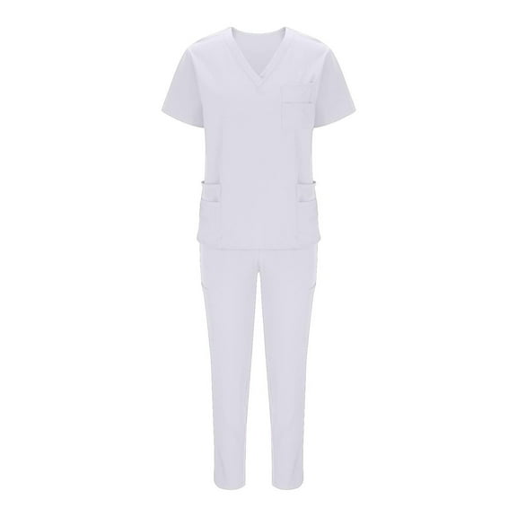 Dvprdro Women Scrubs Medical Uniform Set Solid Color Loose V Neck Short Sleeve Blouse Tops and Elastic Waist Straight Leg Pants with Pockets Suit Classic Stretch Nursing Uniform Set
