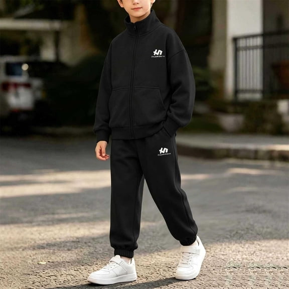 Boys Full-Zip Tracksuit 2-Piece Set Black Hoodie Jogger Pants Athletic Sportswear,Size 12-13 T