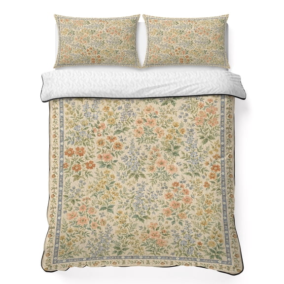 Wildflower Meadow 3 Piece Quilt Bedding Set with 2 Pillow Shams, Rustic Yellow Blossom Botanical Floral Border Lightweight Bedspread Coverlet, Soft Breathable All Season Quilt, 68 x 86 Inch
