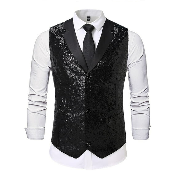 RKSTN Mens Sequins Vest Party Formal Stylish Solid Color V neck Button Down Sleeveless Shiny Waistcoat Dress Vest for Wedding Events Mardi Gras St Patricks day Carnival