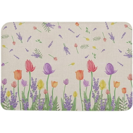 

Flowers and Plants Indoor Door Mat Anti-Skid Memory Foam Floor Mat Absorbent Entrance Rug Easy Clean Doormat for Entryway Patio Front Door Rustic Tulips Lavender with Leaves 24x16 Inch