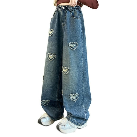 Tiijoy Girls Loose Fit Straight Leg Jeans Hearts Patches Pull On Denim Pants, Sizes 4-5
