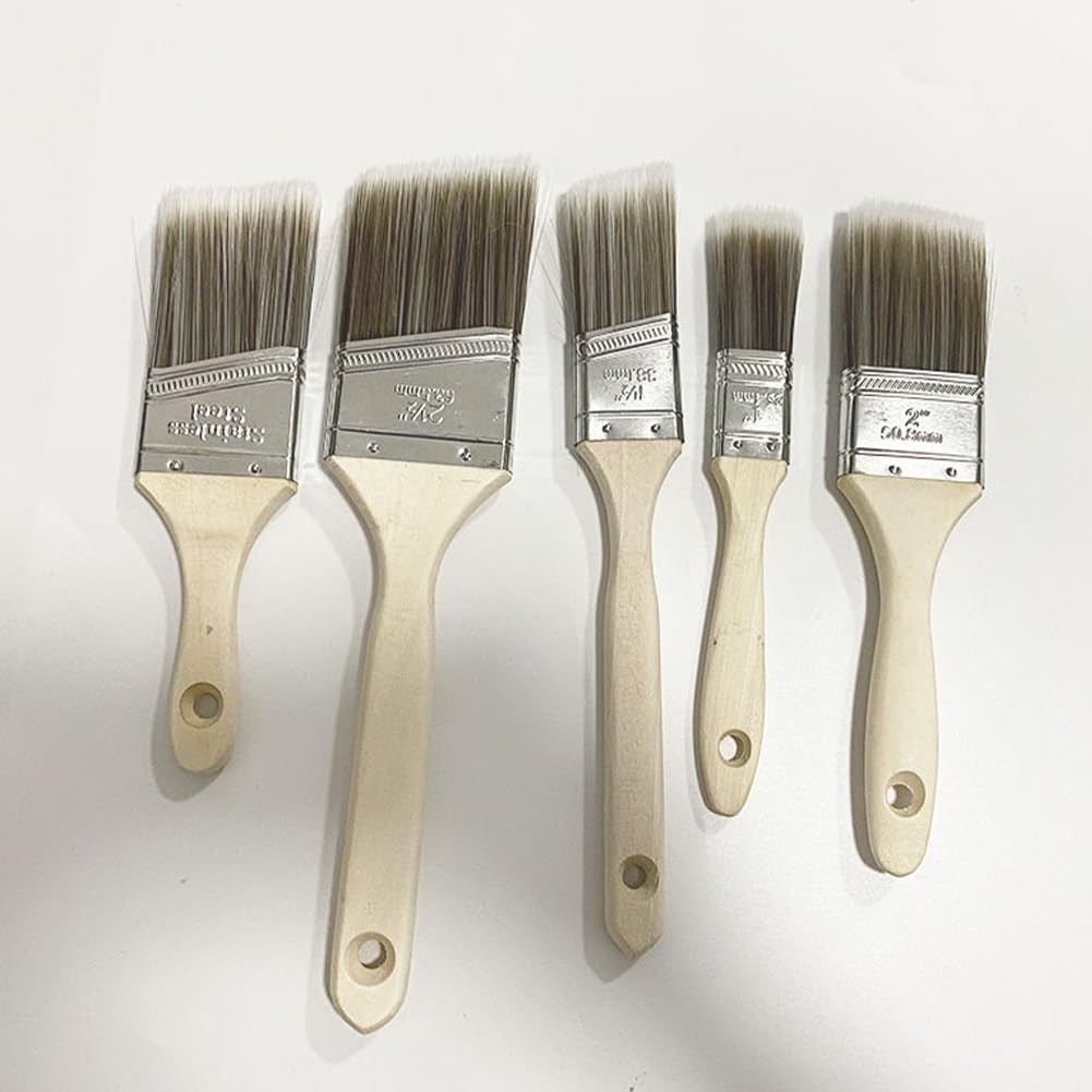 Paint Brush Set, Wood Stain Brush Pack, Furniture Paint Brush Angled For All-Purpose Paintbrush Set With Wooden Handles For Wall And Fence (5 Pack Assorted Sizes)