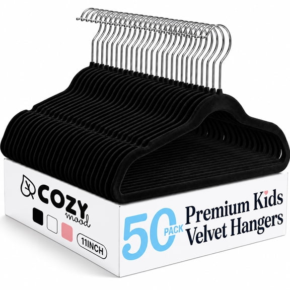 Cozymood 50 Pack Velvet Baby Hangers, 11" Non-Slip Kids Hangers, Ultra Slim Toddler Clothes Hangers with Swivel Hooks, Black