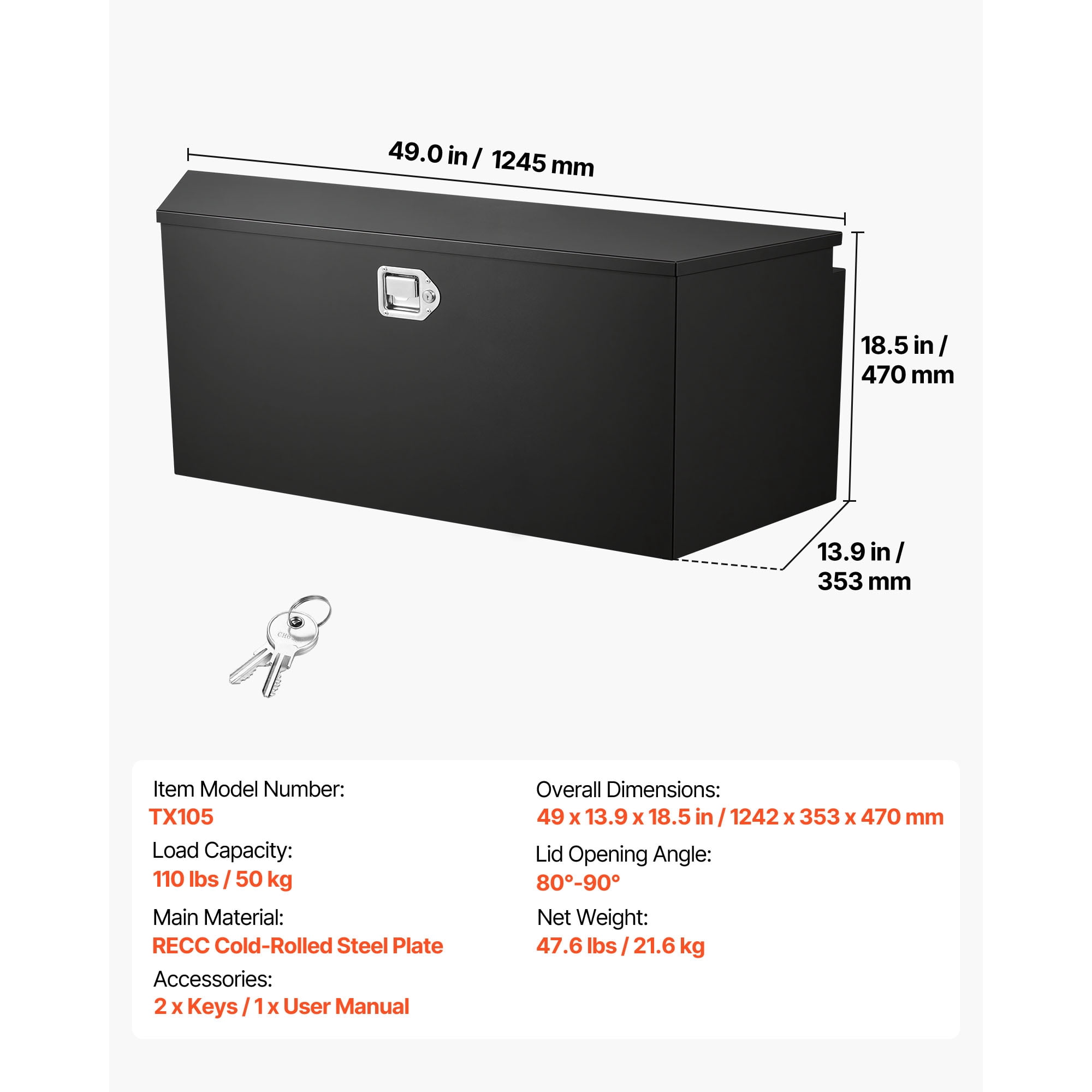 KFFKFF Steel Trailer Tongue Tool Box, 49" x 13.9" x 18.5" Storage Organizer with Lock and Keys, Durable Utility Chest for Truck Beds, RVs, SUVs, and Off-Road Vehicles, Black