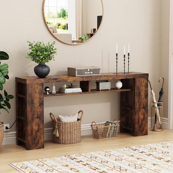 70.8" Extra Long Console Table with Outlets & USB Ports,Farmhouse Sofa Table with Storage Shelves for Behind Couch, Living Room, Entryway, Hallway, Brown