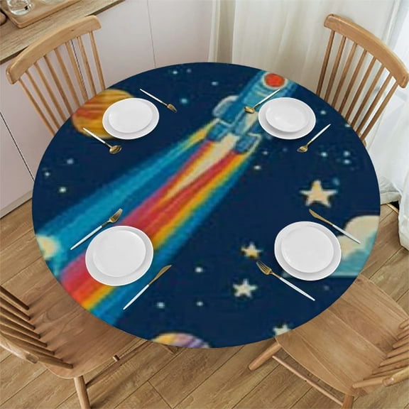 Round Fitted Tablecloth for Kid, Cartoon Rocket Planet Elastic Edge home Decor Table Clothes