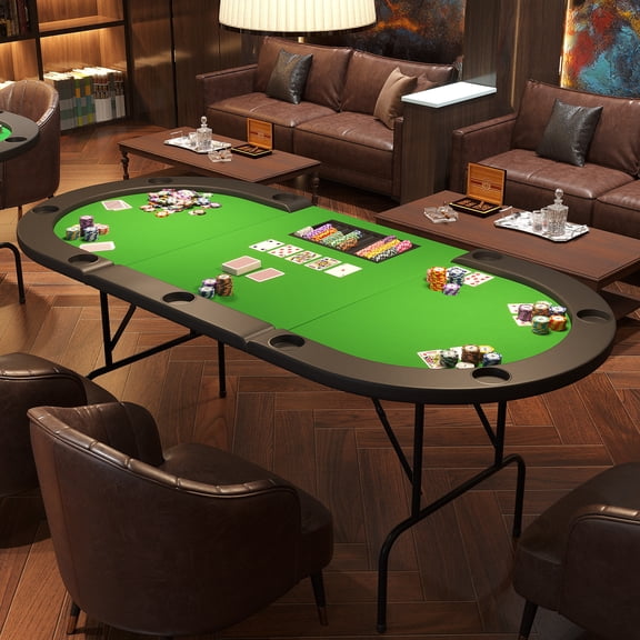 Oval Poker Table with 9 Cup Holders, Casino Leisure Table for 10 Players, Blackjack Gaming Table with Water-Resistant Cushioned Rail