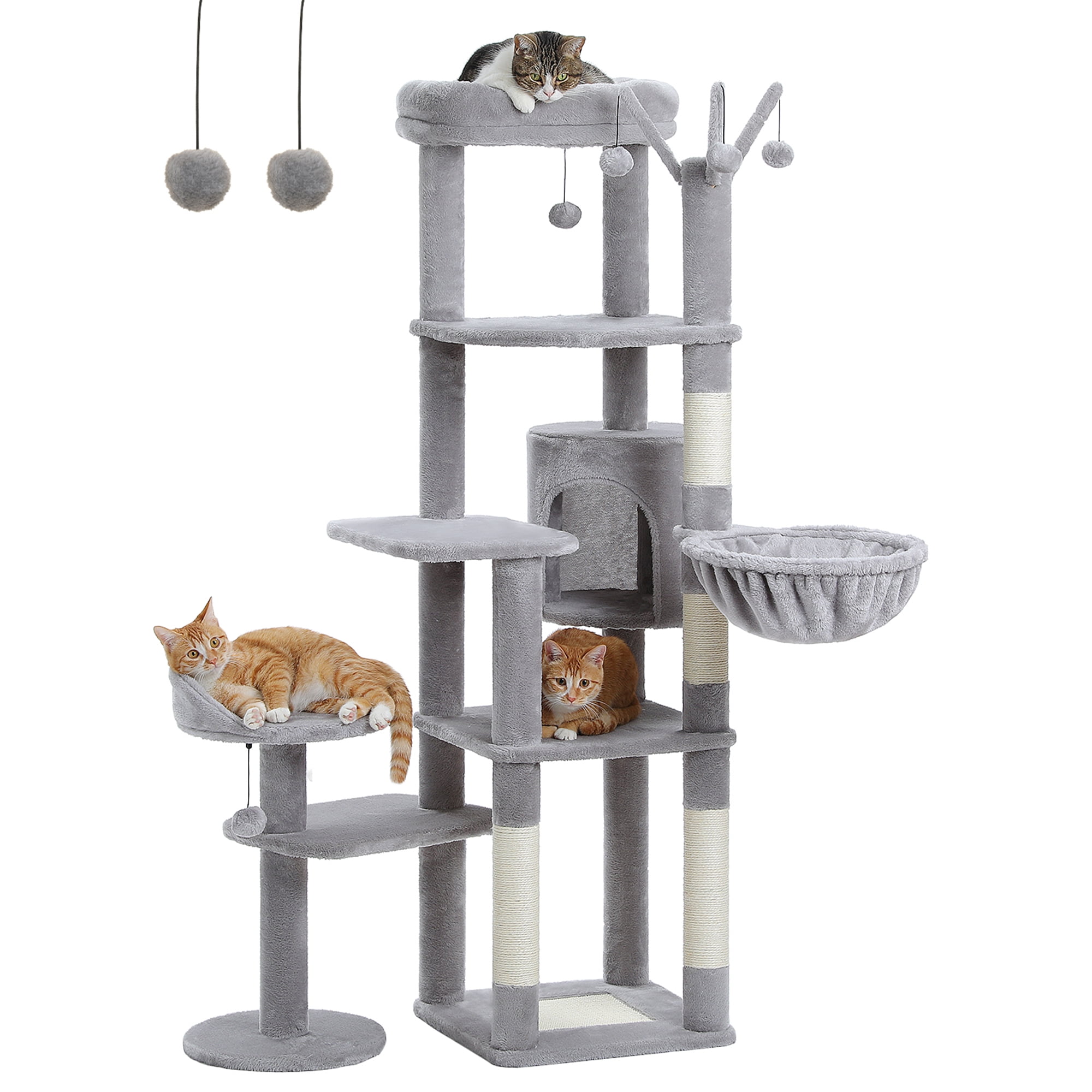 Pefilos 59" Multi-Level Cat Tree House with Large Hammock, Scratching Post, 2 Perches, Cat Tower with 3 Removable Pompom Sticks, Cat Condo, Gray Pefilos 59" Multi-Level Cat Tree House with Large Hammock, Scratching Post, 2 Perches, Cat Tower with 3 Removable Pompom Sticks, Cat Condo, Gray