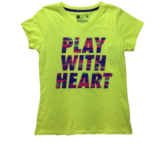 Girls Neon Yellow & Purple Play With Heart Inspirational Tee Shirt T-Shirt L 14