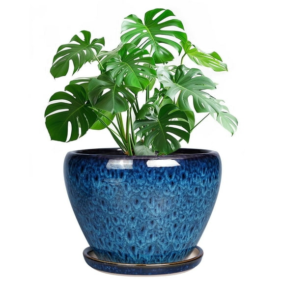 6 inch Ceramic Planter - Modern Flower Pot with Drainage Hole Saucer,Round Pots for Indoor Herbs,Succulents Home Decor Accent Blue Reactive Glaze