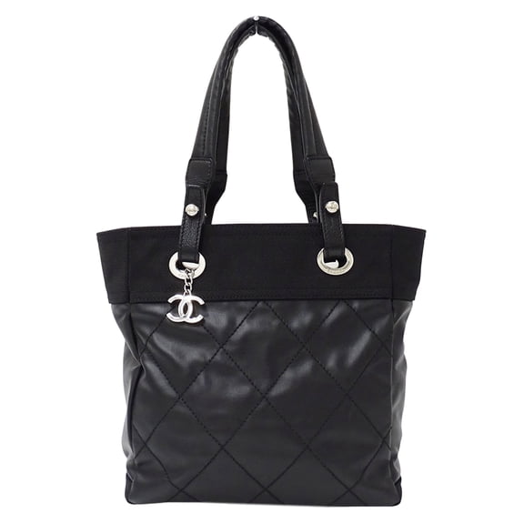Pre-Owned Chanel handbag, Paris Biarritz style, women's brand tote bag, coated canvas, black,...