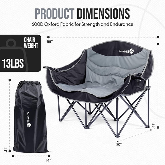 Double Folding Chair – Portable Loveseat for 2 Adults with 600 lbs Support – Water & Resistant Folding Outdoor Chair for Beach, Picnic, Camping