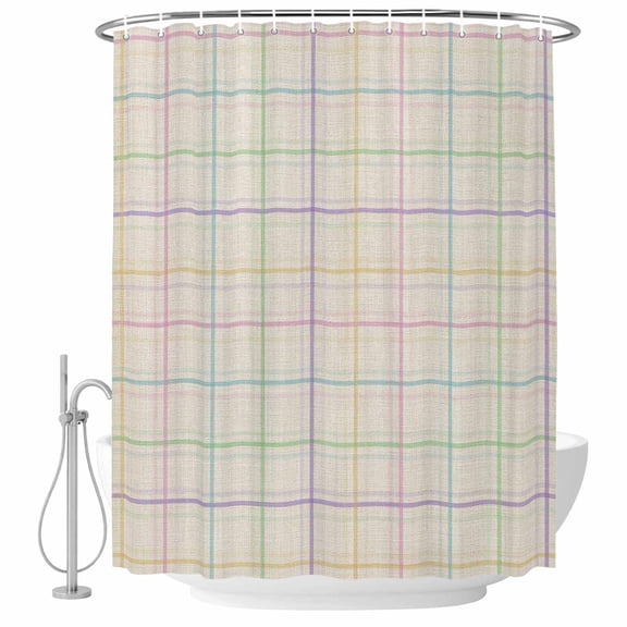 Colorful Geometric Plaid Shower Curtain, Waterproof Shower Curtains for Bathroom, Simple Vintage Grid Beige Washable Fabric Bathtub Curtain Set Bath Decor with 12 Hooks 48"x72"
