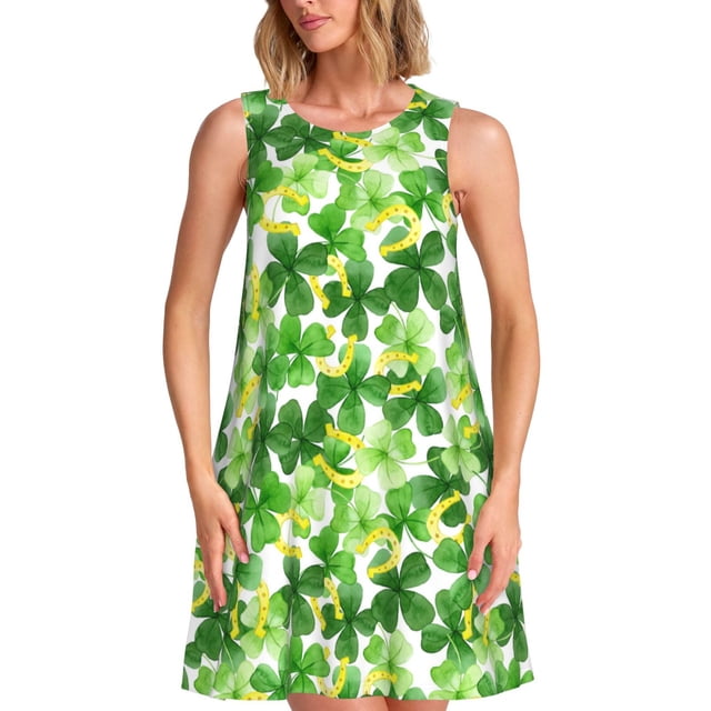 Cauagu Joyeuse Saint-Patrick pour Femmes Robes d'Été, Robes Sans Manches Décontractées de Vacances Robe Col Rond avec 2 Poches