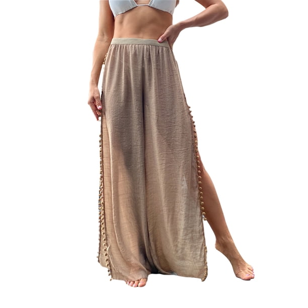 Txlixc, pantalones de playa para mujer, doble cara, corte alto, copo de nieve, bola de piel, adornado, cintura alta, pantalones para cubrir abdominales Txlixc Estilo de ocio