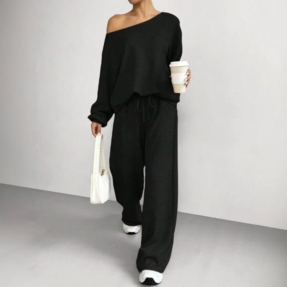 VV AVEORS Women 2 Piece Lounge Matching Set Off Shoulder Knit Sweatshirt Wide Leg Sweatpant Airport Fall Winter Outfits Black 2XL