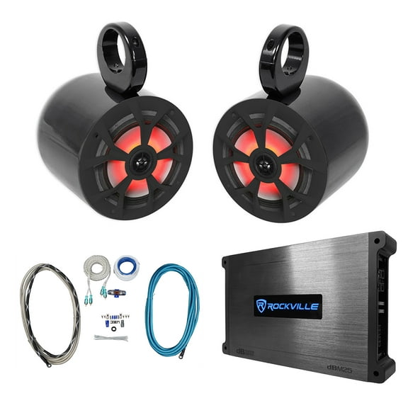 (2) Rockville RKL65MBW 6.5" 700w Marine Wakeboard LED Speakers Amplifier Amp Kit
