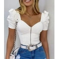 thumbnail image 3 of Femmes Manches Courtes Puff T-Shirts Été Zip V Cou Couleur Unie Slim Tops Dame Base Tee Rouge S, 3 of 9