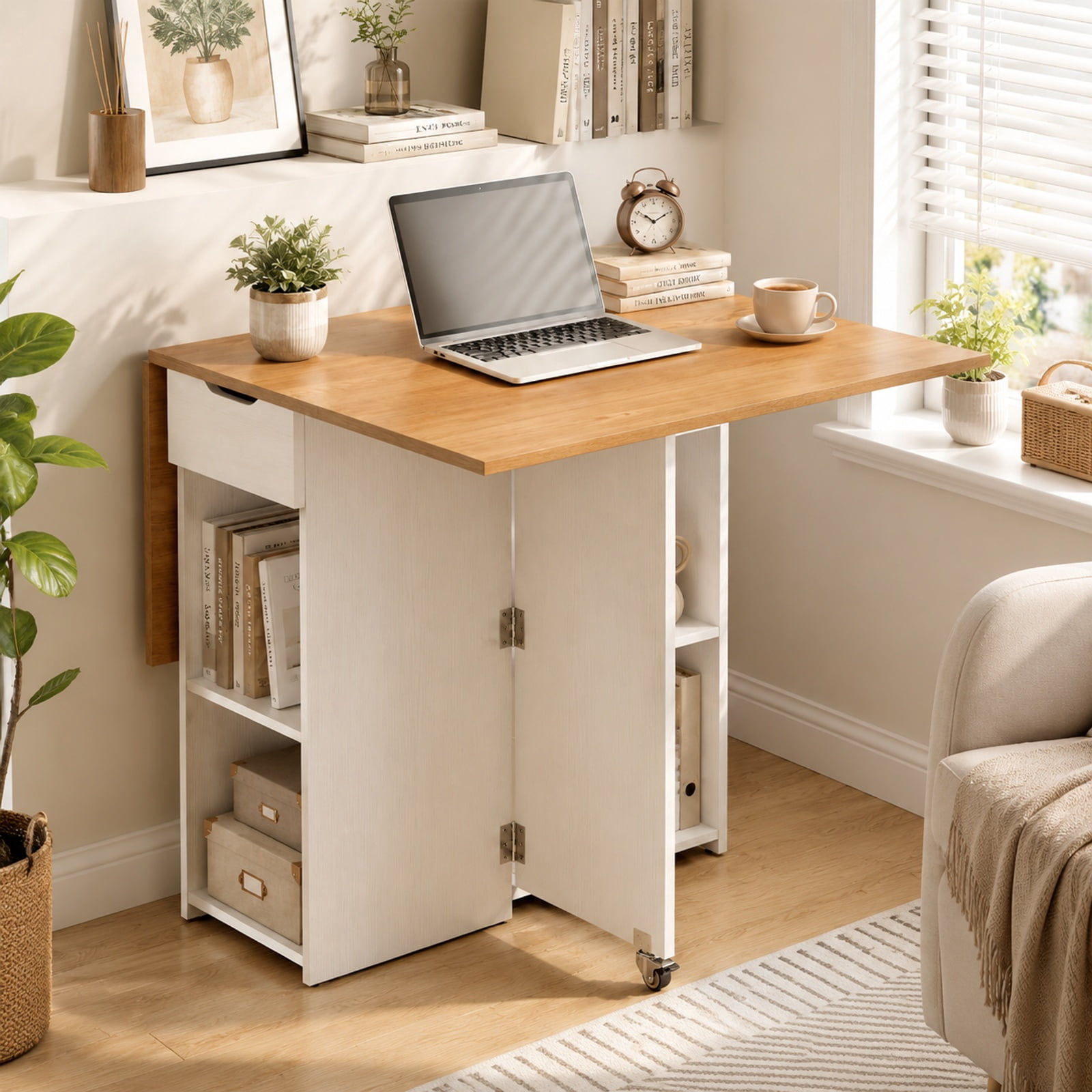 Furnibear 47.5 Inch Farmhouse Extendable Drop Leaf Dining Table with Drawer Shelves and Lockable Wheels for Small Kitchens, Natural