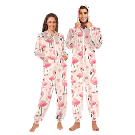 Adult Christmas Onesie Cute Flamingo Overlay Image Zipper One-Piece Pajamas Unisex with Pockets