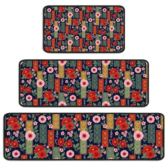 Pioneer Flower Floral Print Pattern Kitchen Rugs Sets Of 3,Kitchen Runner Rugs Non Skid Washable,Decorative Kitchen Floor Mats for Kitchen,Sink,Laundry,17X30 Inch 17X47 Inch 17X59 Inch