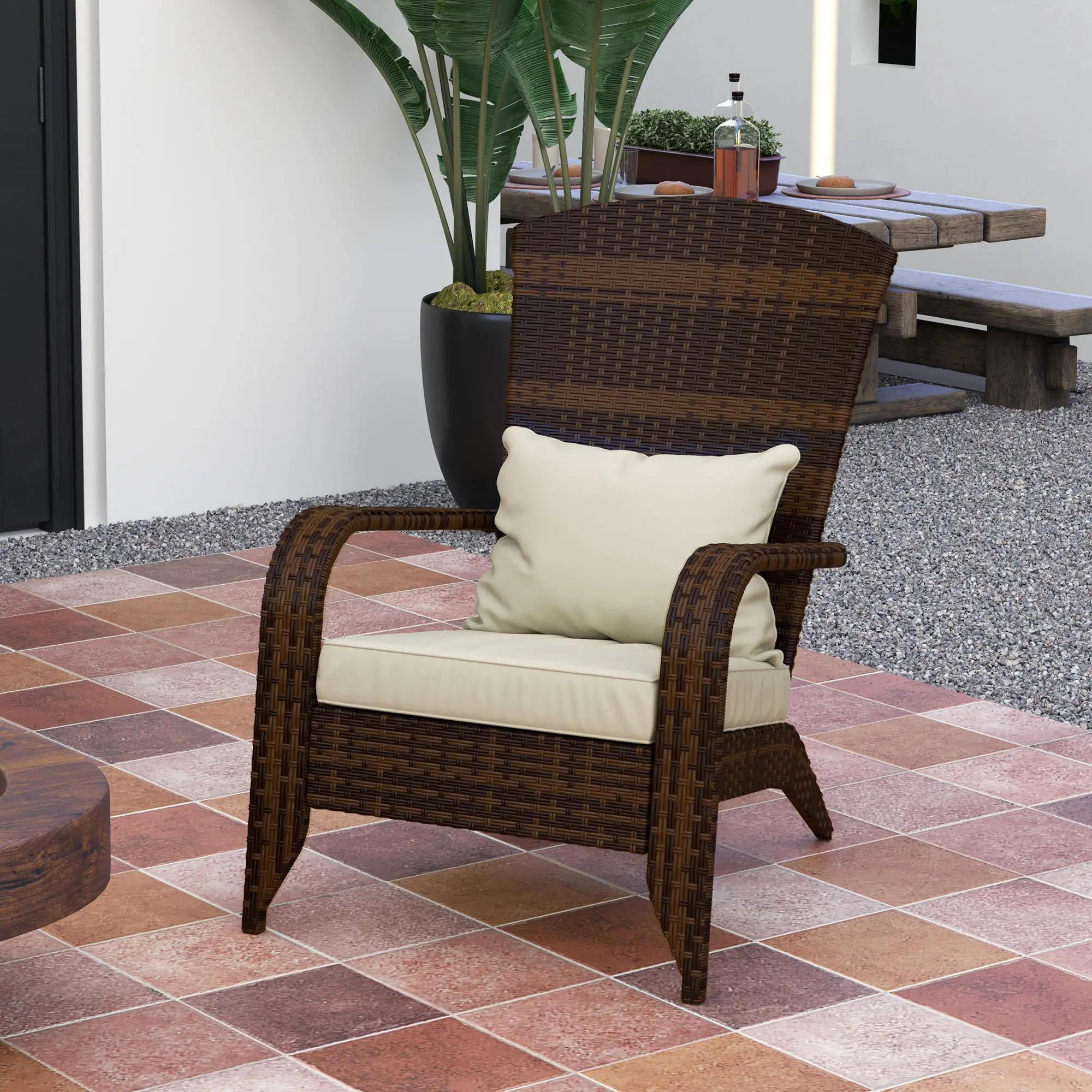 Resenkos Rattan Adirondack Chair with Comfortable Cushions, Tall Backrest, Perfect for Outdoor Deck & Garden, Cream White