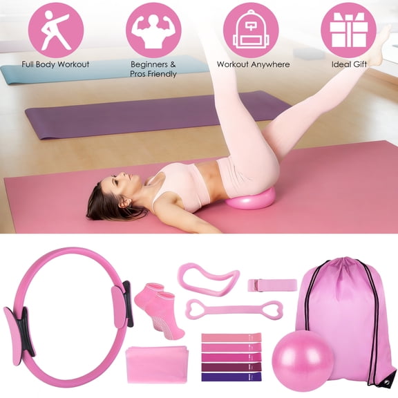 14-Piece All-in-One Pilates Kit with Yoga Ball, Resistance Bands, Pilates Ring, Stretching Strap, Carry Bag - Full Body Home Workout Set for Women & Men