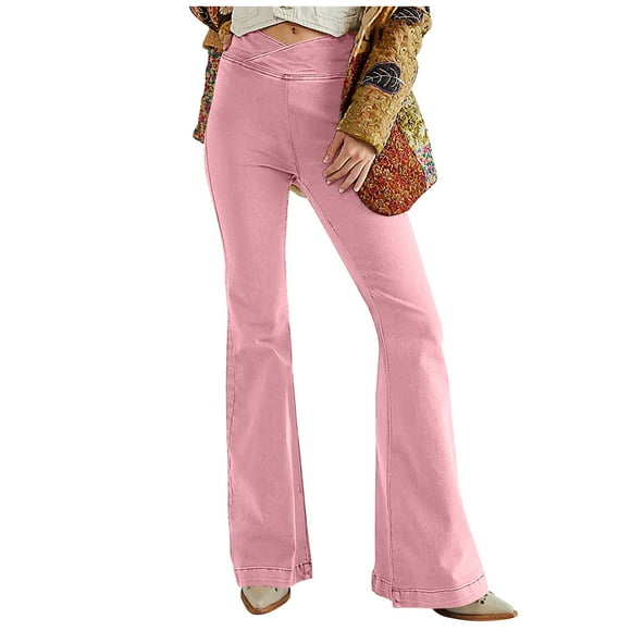 Besolor Women's Flare Bell Bottom Jeans Cross V Waisted Wide Leg Bootcut Jeans Stretchy Sim Fitted Classic Denim Pants Pink