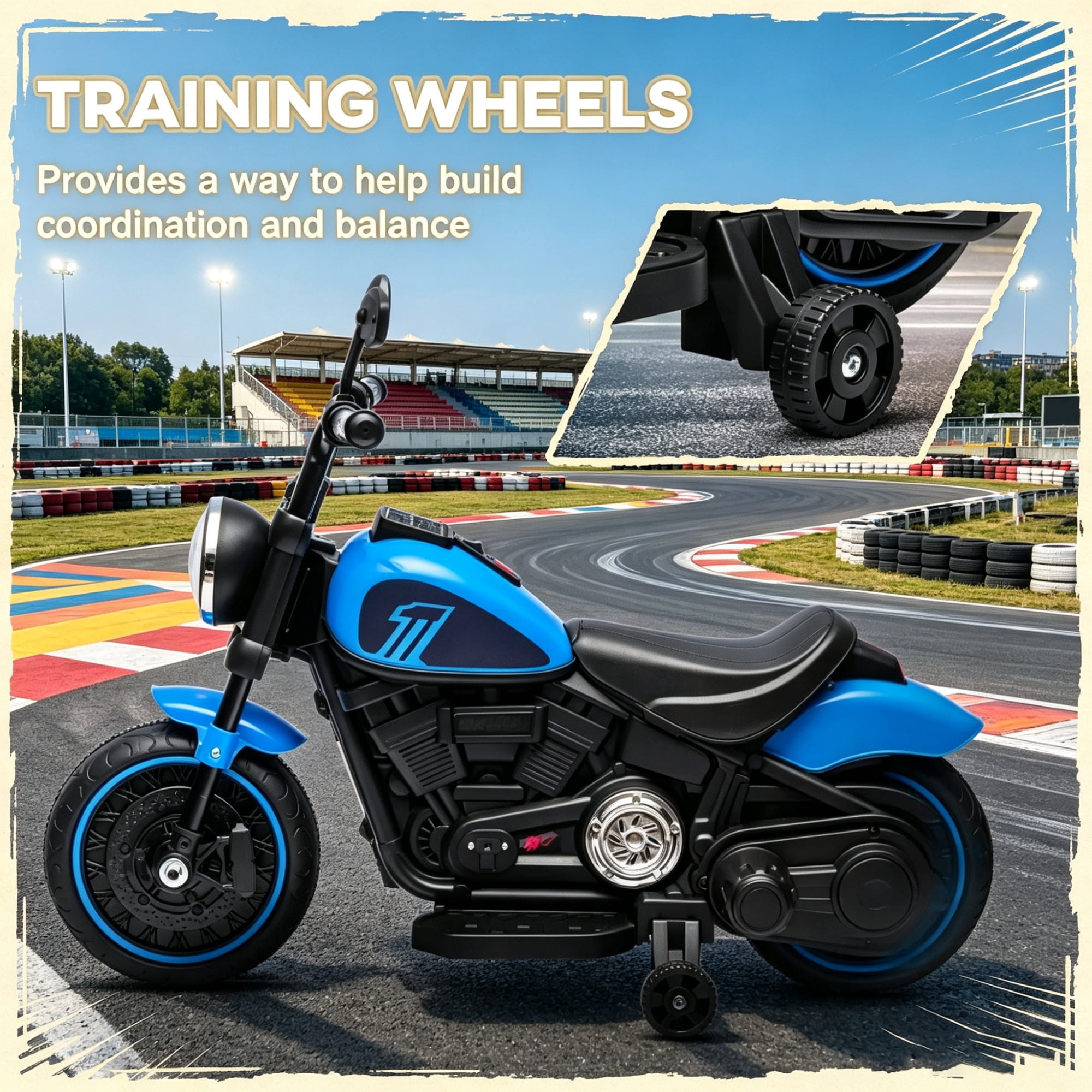 6V Kids Electric Motorcycle, Training Wheels, Single-Button Start Toddler Toy, Blue