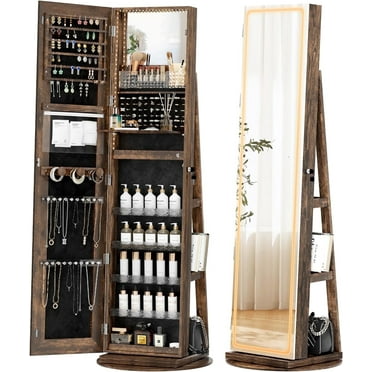 LED Mirror Jewelry Cabinet Standing, with Full-Length Mirror and Adjustable LED Lights, 360° Swivel Standing Jewelry Armoire Organizer (Rustic Brown)
