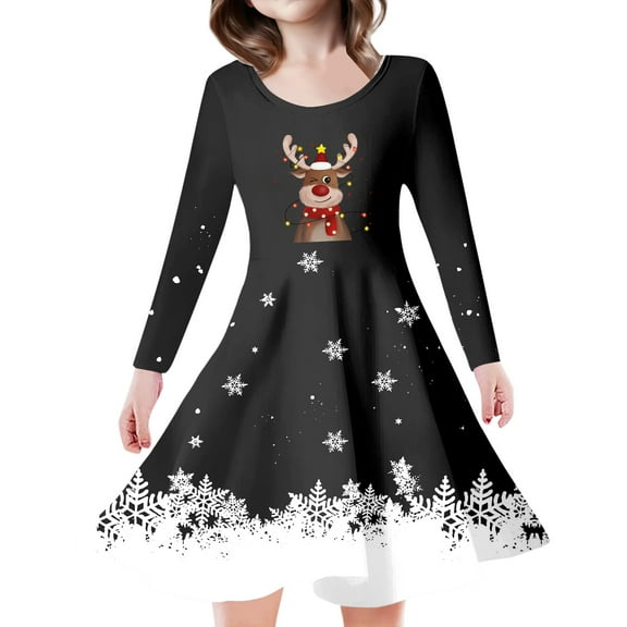 Girls Christmas Dress Girls Holiday Dresses Kids Toddler Girls Christmas Trees Deer Print Christmas Long Sleeve Party Princess Dress